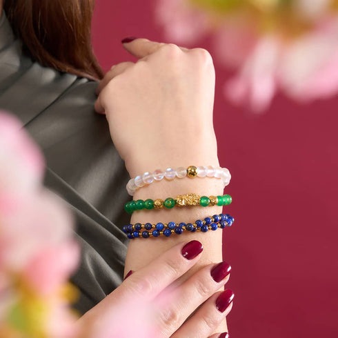 Mini Pixiu Feng Shui Bracelet | EARTH Element | Green Agate x 18k Gold